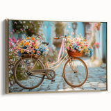 Framed canvas of a vintage black bicycle on a muted landscape background, ideal for bedroom wall art.