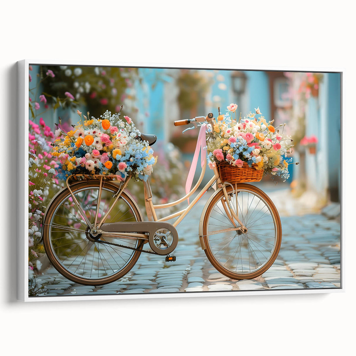 Vintage poster art of a bicycle on a white framed canvas, featuring colorful details on a black background.