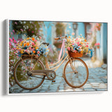 Vintage poster art of a bicycle on a white framed canvas, featuring colorful details on a black background.