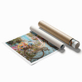 Extra large rolled print of a vintage bicycle with floral accents on a muted background, ideal for classy bathroom wall art.