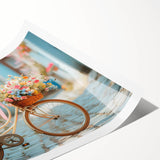 Extra large wall art featuring a line art bicycle with floral accents in black and white, printed on rolled canvas.