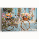 Black and white print of a vintage bicycle on stretched canvas, ideal for kitchen wall art.