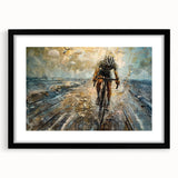 Abstract art print of a colorful, textured bicycle on extra large canvas, ideal for living room decor.