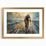 Textured art print of an abstract bicycle in muted gold and black tones on a framed canvas, ideal for bedroom wall decor.