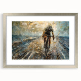 Abstract art print of a bicycle in black and white tones, framed in silver, suitable for bedroom or dining room decor.