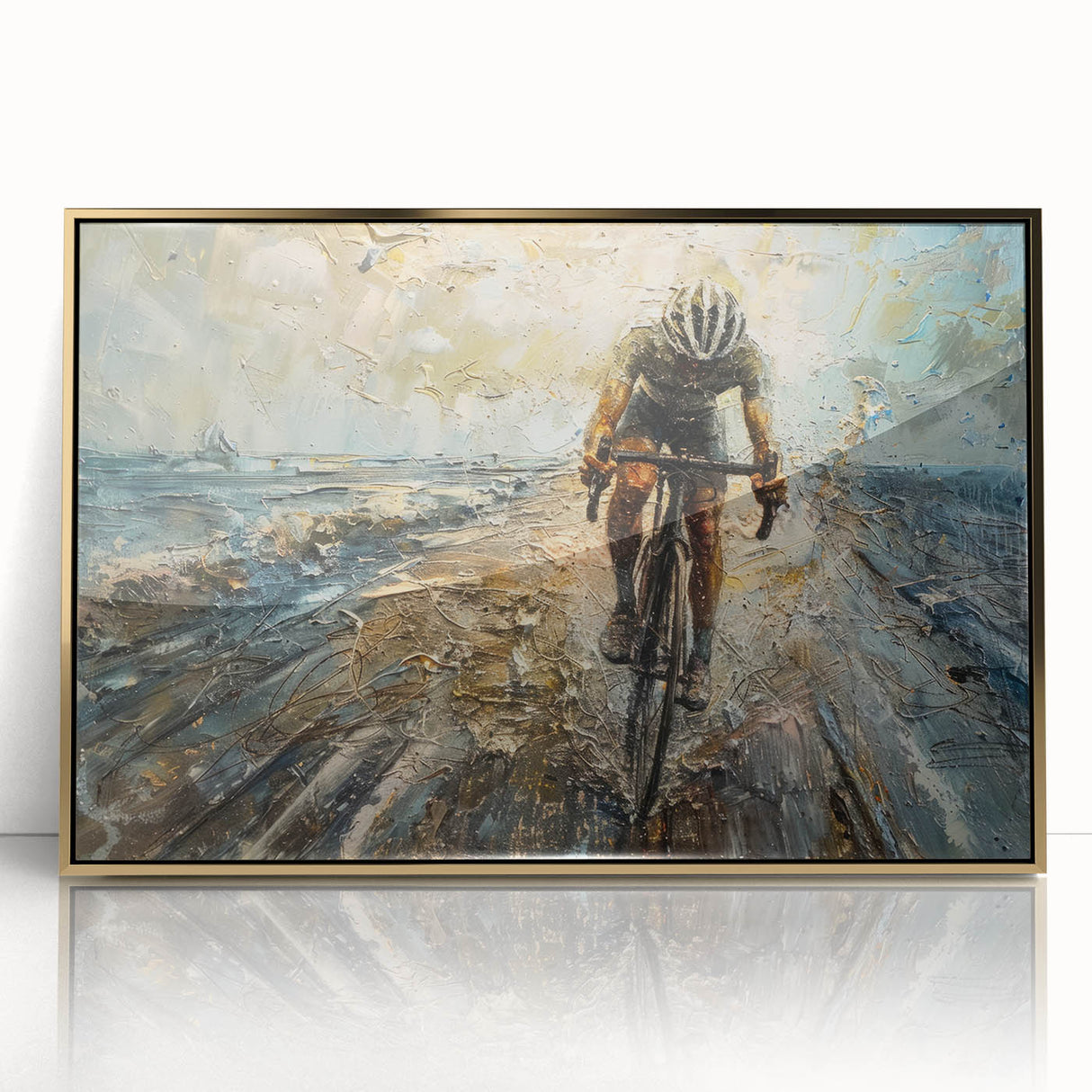 Mid-century modernist style bicycle print in muted colors on a framed acrylic, ideal for nursery wall art.
