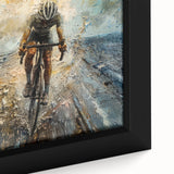 Extra large framed canvas featuring a textured black bicycle on a colorful, abstract background, ideal for living room decor.