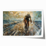 Vintage-style bicycle illustration in muted earth tones on rolled canvas, ideal for art wall dining room.