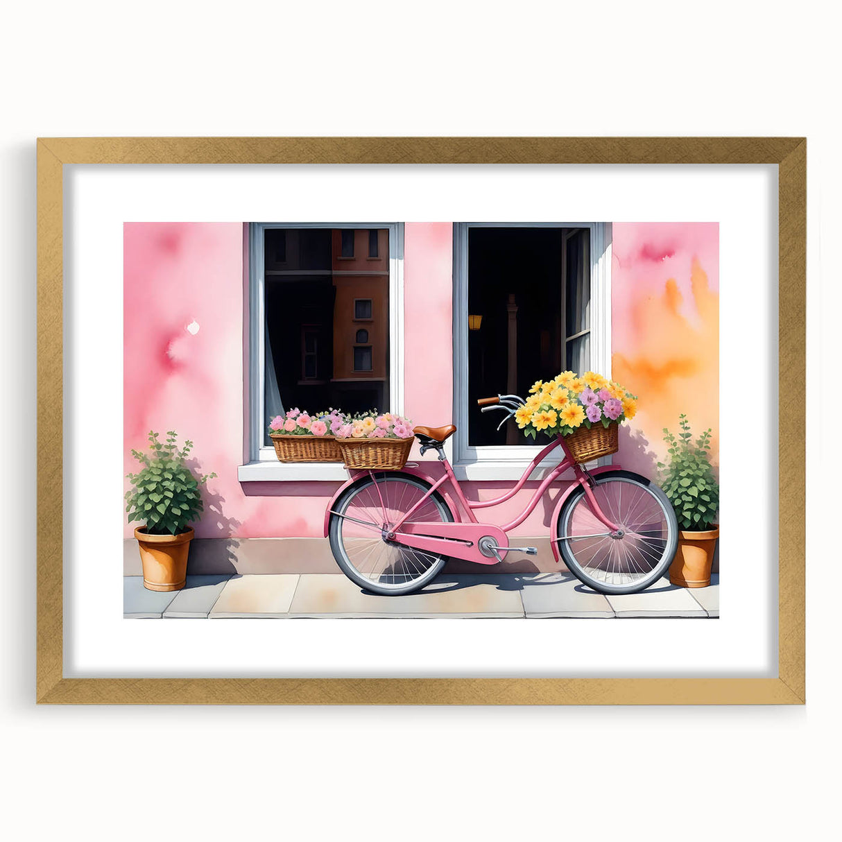 Textured abstract art print of a bicycle on a gold-framed canvas, ideal for bedroom art.