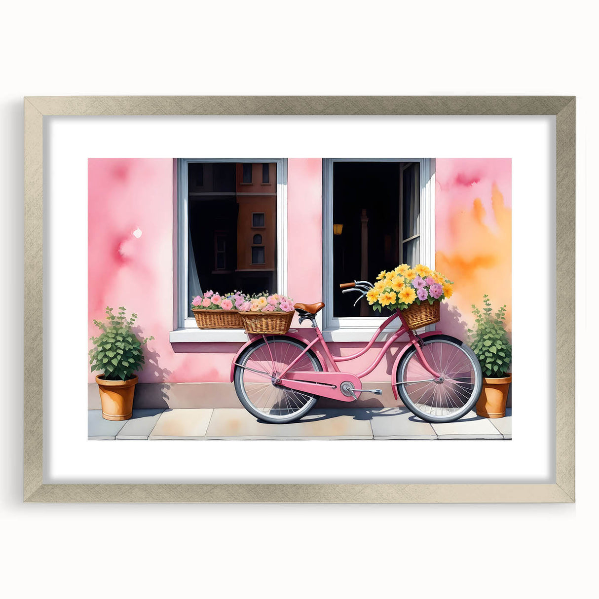 Abstract art print of a bicycle in muted gray and white tones on a silver-framed canvas, suitable for dining room decor.