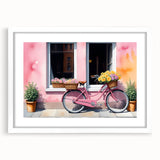 Extra large wall art featuring an abstract bicycle design in textured shades of blue and gray, framed with a white mat.