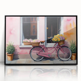 Mid-century modernist art of a bicycle in black and white tones on a framed acrylic, suitable for nursery wall decor.