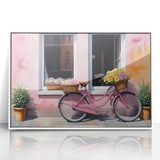 Large abstract wall art featuring a mid-century modernist bicycle design in muted colors, framed in white acrylic.