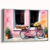 Framed canvas depicting a vintage bicycle in black with colorful abstract background, ideal for office or study decor.