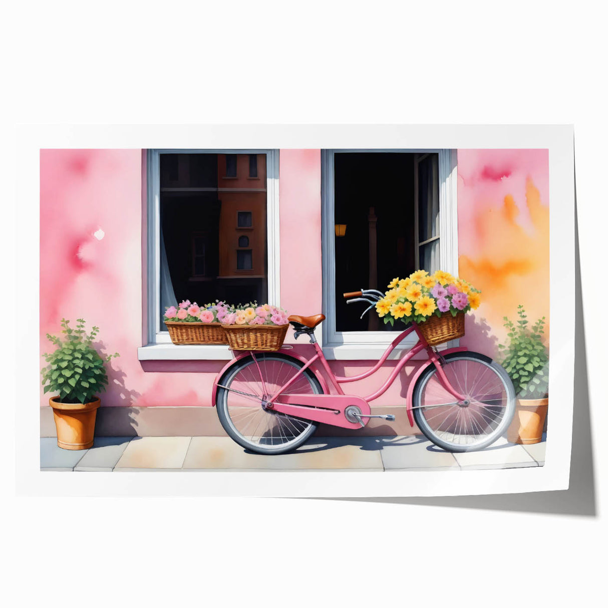 Vintage-style bicycle print in muted earth tones on rolled canvas, suitable for art wall dining room.