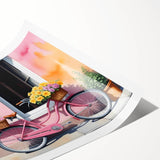 Extra large wall art featuring a line art design of flowers and bicycles on rolled print, using black and white tones.