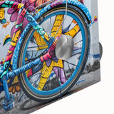 Mid-century modernist large abstract bicycle print in bold orange and teal, acrylic glass, ideal for dining room art.