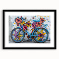 Abstract art print of a bicycle in vibrant colors on a textured, extra-large canvas, ideal for living room decor.