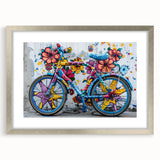 Abstract art print of a bicycle in black and silver tones on a framed canvas, suitable for dining room or bedroom decor.