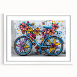 Extra large abstract art print of a bicycle, featuring textured elements and a white frame, ideal for living room decor.