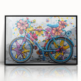 Framed acrylic print of a large abstract bicycle design in black and white, ideal for modern art wall decor.