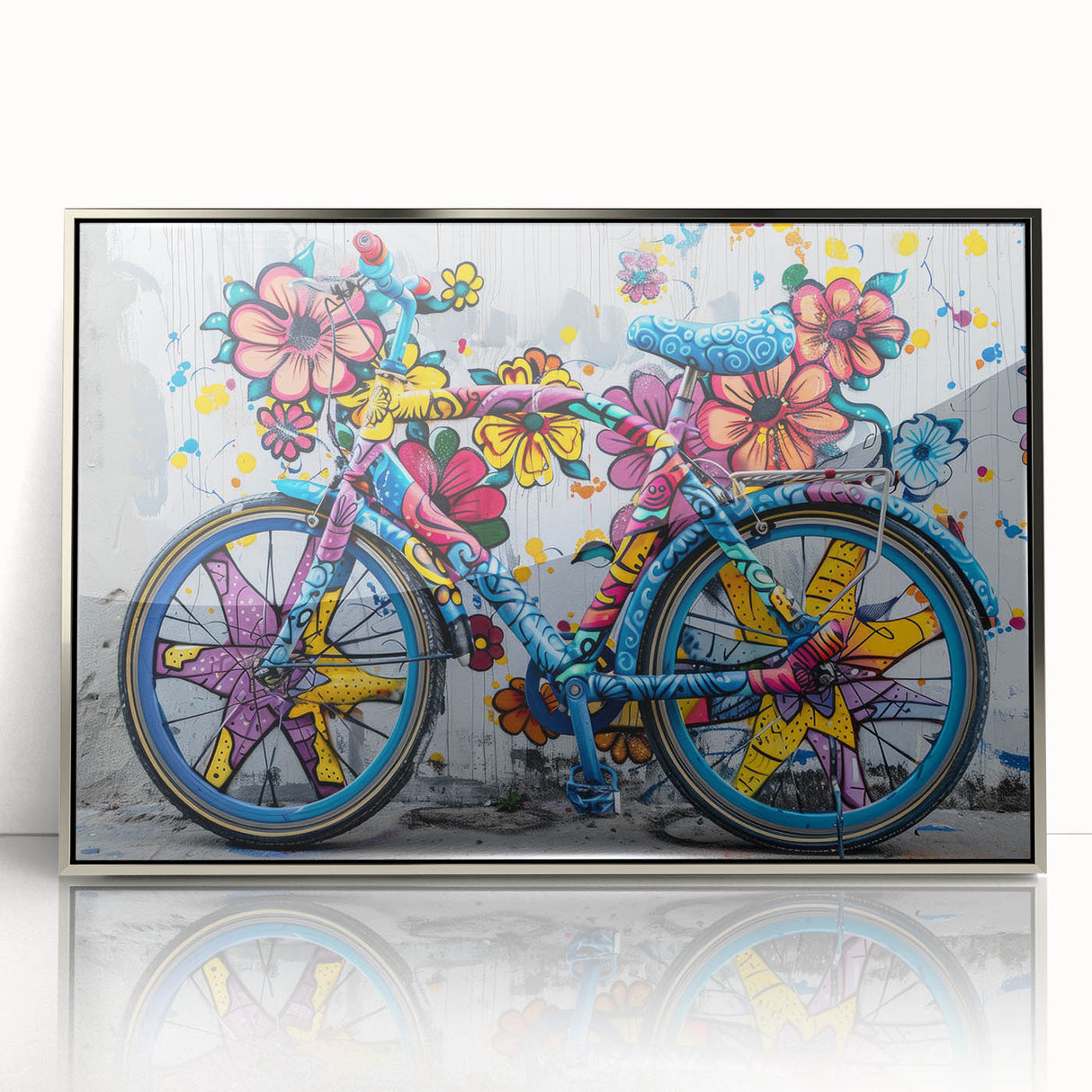 Mid-century modernist art of a bicycle in monochrome tones, acrylic print in silver frame, suitable for nursery wall art.