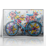 Art deco poster of a bicycle, using pastel blue and white tones on framed acrylic, suitable for modern nursery wall art.