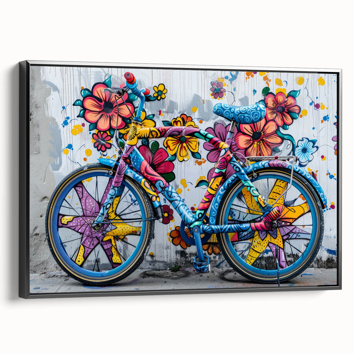Black and white vintage poster art of a bicycle on a framed canvas, ideal for bedroom wall decor.