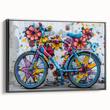 Black and white vintage poster art of a bicycle on a framed canvas, ideal for bedroom wall decor.