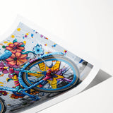 Extra large wall art featuring a line art bicycle surrounded by floral patterns on a rolled print.