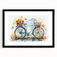 Abstract art print of a colorful bicycle on textured canvas, framed in black, ideal for living room decor.