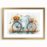 Abstract art print of a bicycle in gold and black tones on a framed canvas, ideal for bedroom or dining room decor.