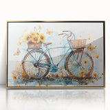 Mid-century modernist style bicycle illustration in muted earth tones on a gold-framed acrylic, ideal for nursery wall art.
