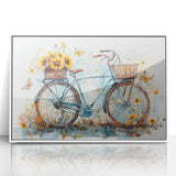 Art deco poster of a vintage bicycle on a white acrylic frame, in muted gray tones, ideal for nursery wall decor.