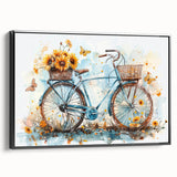 Black and white vintage poster art of a bicycle on a framed canvas, ideal for bedroom wall decor.