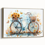 Framed canvas featuring a vintage poster of a black bicycle against a landscape background, ideal for bedroom wall art.