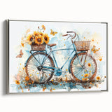 Vintage poster art of a black bicycle on a colorful abstract background, framed canvas, ideal for living room decor.