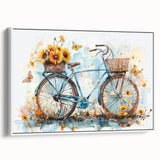Vintage poster art of a bicycle on extra large framed canvas, featuring colorful art on a black background.