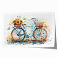Rolled print of a vintage bicycle with floral accents in soft pastel colors, suitable for art wall dining room or bathroom.