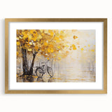 Textured abstract art print of a bicycle in muted earth tones on a gold-framed canvas, suitable for bedroom decor.