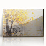 Mid-century modernist bicycle print in muted green and brown tones, framed acrylic, ideal for nursery wall art.