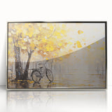 Mid-century modernist art depicting a bicycle in muted gray and silver tones on a framed acrylic.