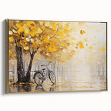 Framed canvas vintage poster of a black bicycle on a muted landscape background, ideal for bedroom wall art.