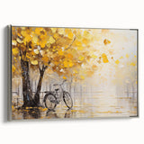 Vintage poster art of a bicycle in black and colorful hues on framed canvas, suitable for living room decor.