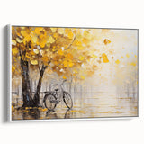 Vintage poster art of a bicycle in black and colorful hues on a framed canvas, ideal for living room decor.