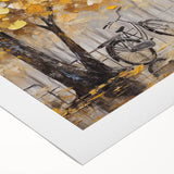 Art deco poster of a vintage bicycle in muted sepia tones on rolled canvas, suited for dining room decor.