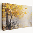 Side view of a vintage bicycle on a large stretched canvas with muted earth tones, suitable for kitchen wall art.