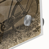 Mid-century modernist large abstract wall art featuring a bicycle in muted earth tones on acrylic glass.