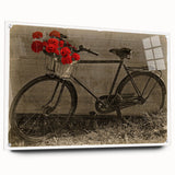 Side view of a bicycle in gray tones on large acrylic glass, suitable for bedroom or dining room decor.