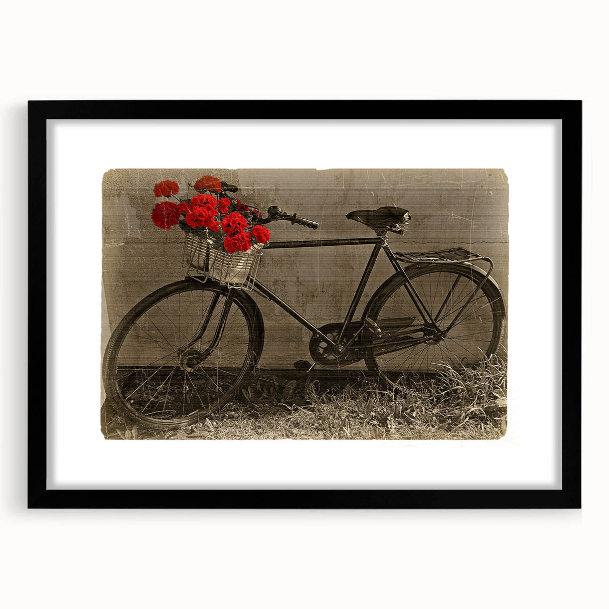 Extra large abstract art print featuring a colorful, textured depiction of bicycles on black framed canvas.